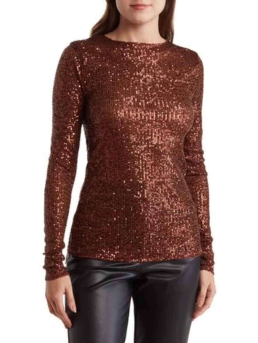 Free People Sequin Long-Sleeve Scoop Neck Top - Copper